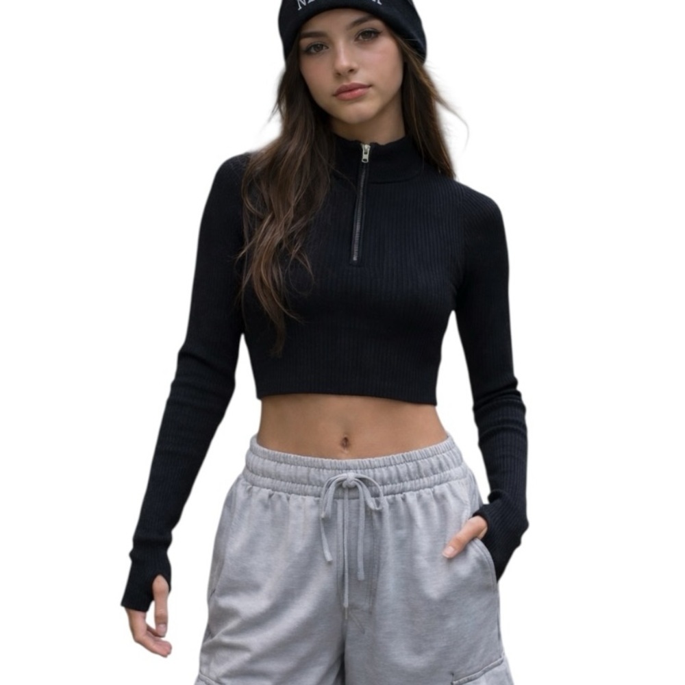 Princess Polly XS/S Black Ribbed Stretch Cropped Mock Neck Shirt Thumbholes